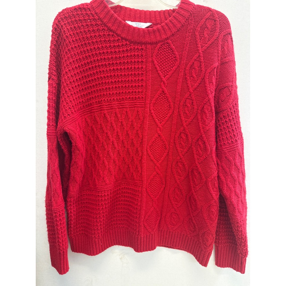 Time and‎ Tru Red Mixed Stitch Cable Knit Patchwork Sweater Womens Large 12-14